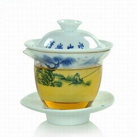 【清幽山水壺-一壺一杯/套-200ml-1套/組】青花陶瓷山水泡紅茶專用耐熱玻璃茶壺 純手繪茶具過濾(包需加購)-7501015