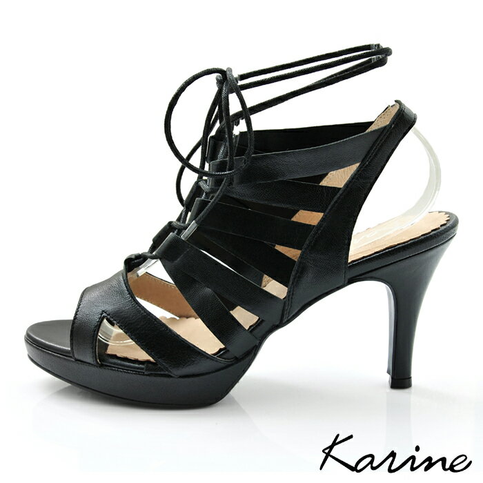 karine(MIT台灣製)全真皮羅馬繞帶高跟涼鞋-黑色