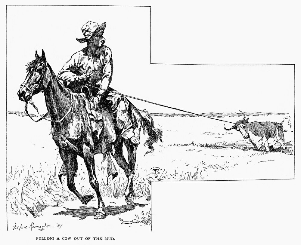 Posterazzi Remington Cowboys 1887 Npulling A Cow Out Of The Mud