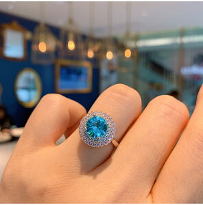 XIUSHU人工鉆戒指托帕藍套裝女2克拉輕奢高級感微鑲日韓氣質