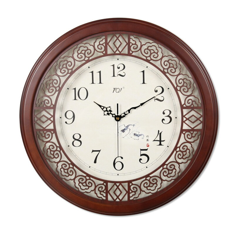 TQJ新中式45cm靜音木頭客廳壁掛鐘時尚掛表臥室時鐘創意石英鐘表