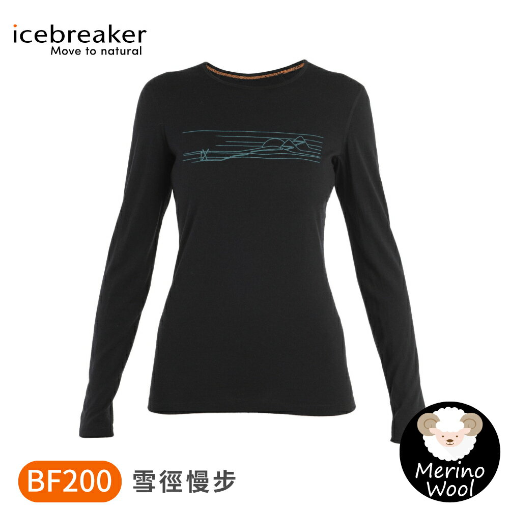 【Icebreaker 女 Oasis 圓領長袖上衣 BF200《雪徑慢步-黑》】0A56HZ/排汗衣/薄長袖/內層衣/內著