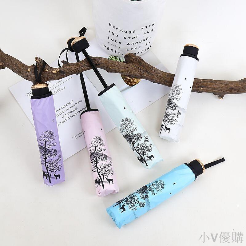 小V 水墨森系卡通小鹿小清新折疊晴雨傘黑膠防曬ins麋鹿太陽傘遮陽傘
