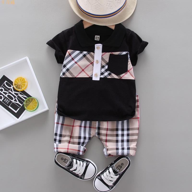 套裝0-5歲男童寶寶夏季純棉休閑襯衫T恤+時尚格子短褲 韓版 潮流 兩件套