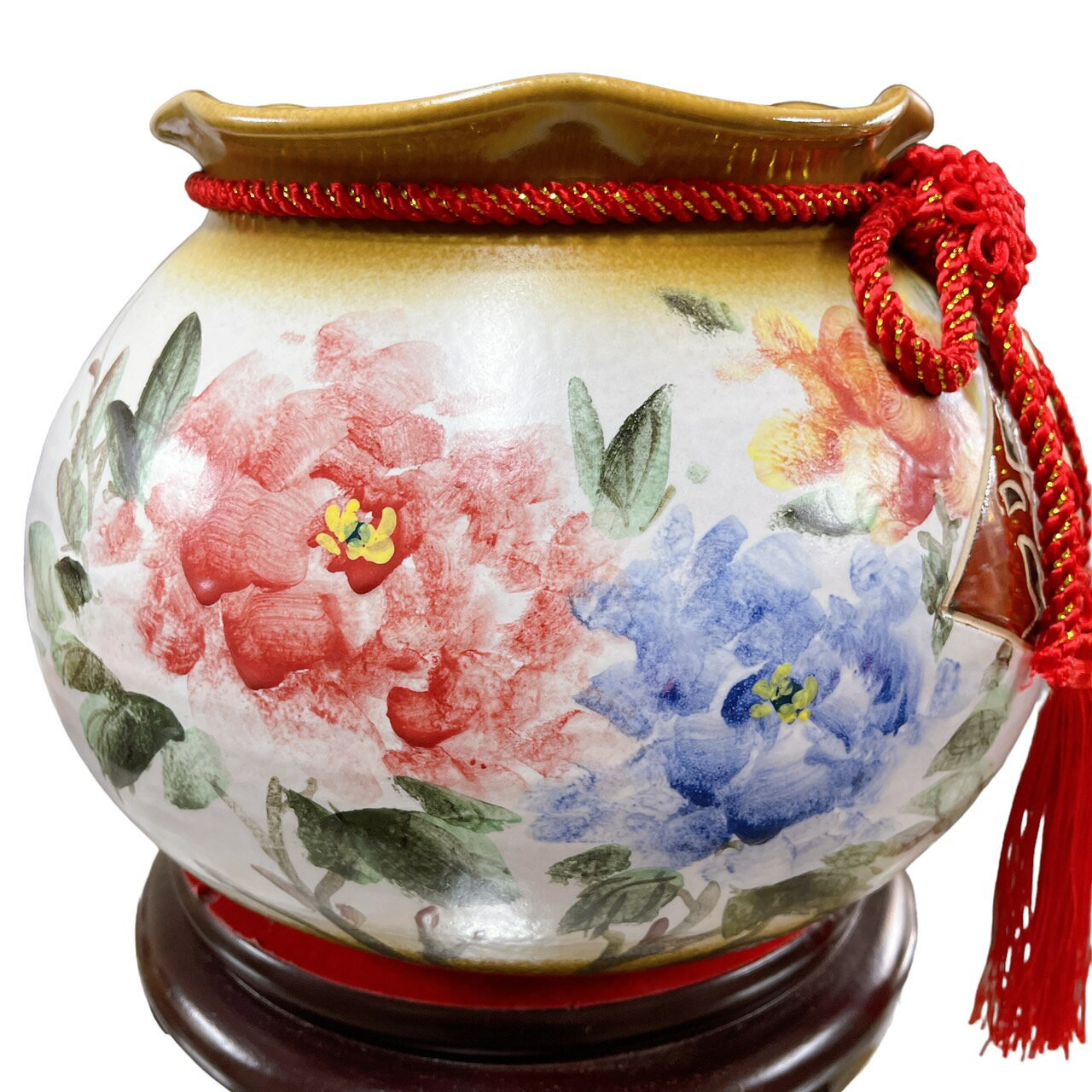 Sweet Heart新品 鶯歌陶瓷❤手工彩繪 特殊窯燒 荷口特大聚寶甕 (富貴牡丹 財運昌盛) 贈 開運符五色水晶套組 2