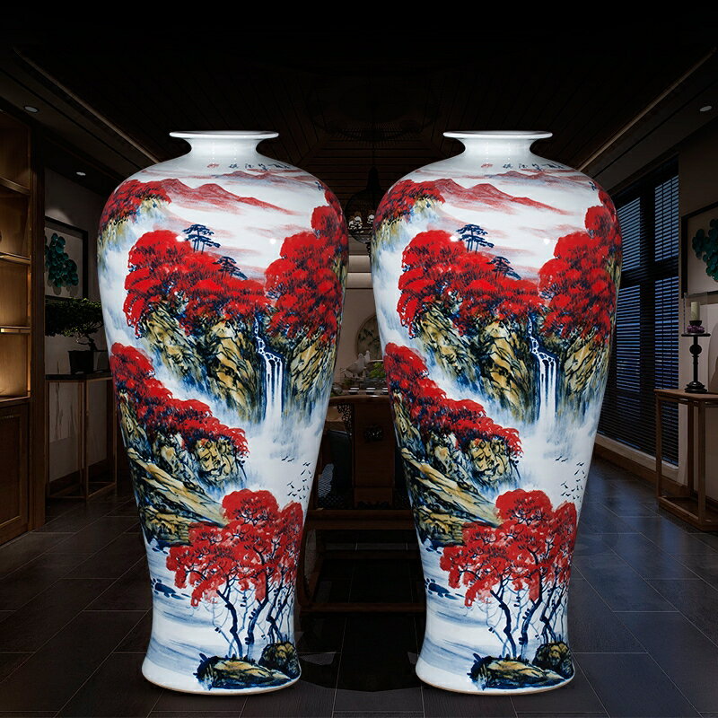 景德鎮陶瓷器鴻運當頭花瓶落地大擺件客廳裝飾中式紅色手繪山水瓶