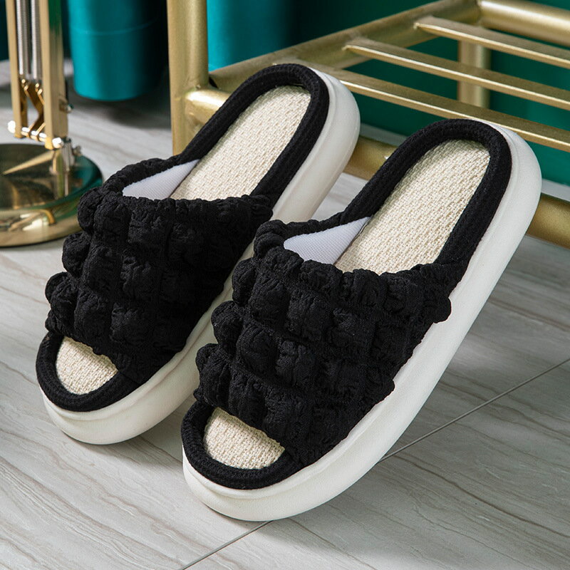 【免運】亞麻厚底泡芙鞋 泡芙鞋 時尚室內拖鞋 亞麻拖鞋 6