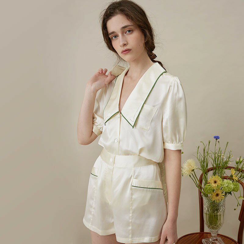 NotJustPajama法式泡泡袖絲休閒服/真絲居家服/套裝/少女風/夏季睡衣/英國品牌