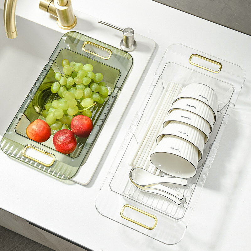 新款廚房可伸縮瀝水籃塑料洗菜藍洗水果蔬菜瀝水框可掛水槽置物架