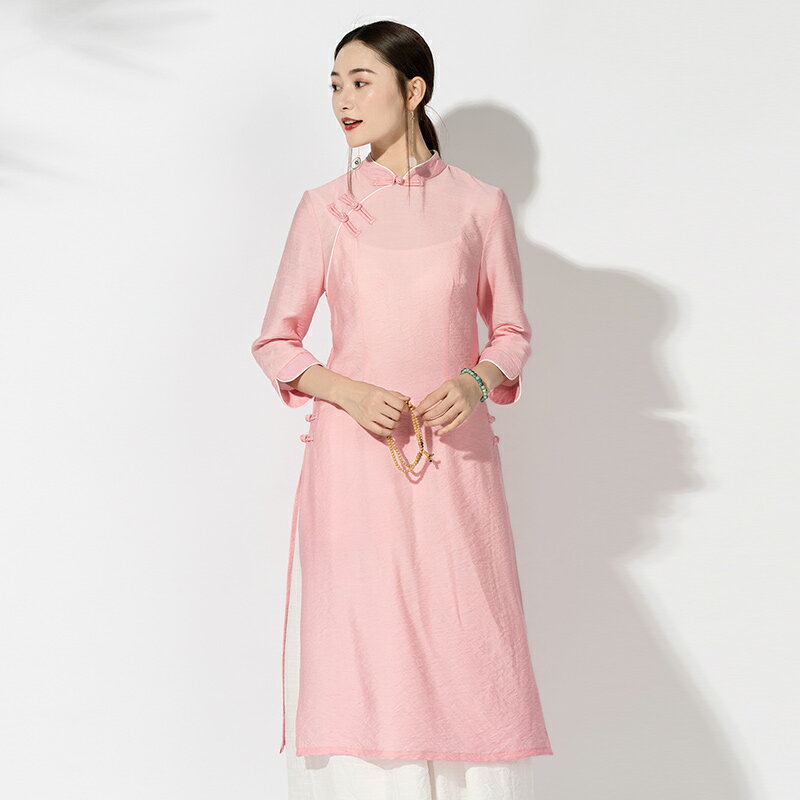 春夏季新款原創設計文藝復古女裝禪意棉麻茶服民族風連衣裙子1入