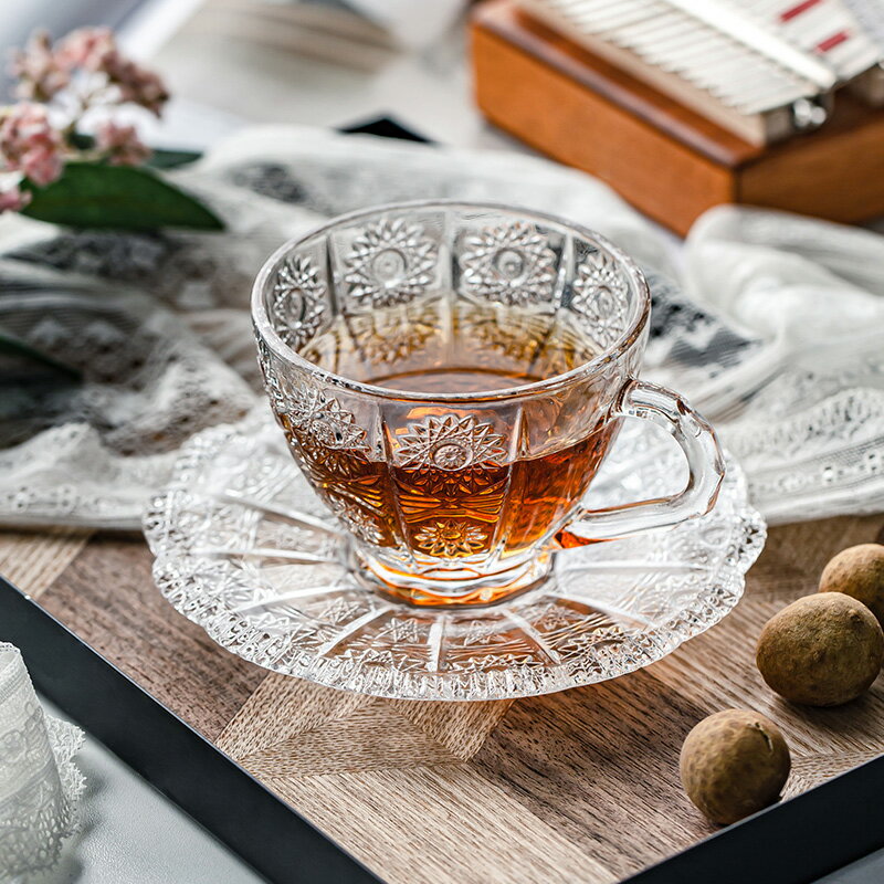 玻璃杯子帶把手歐式奢華咖啡杯碟套裝下午茶泡茶杯復古玻璃水杯