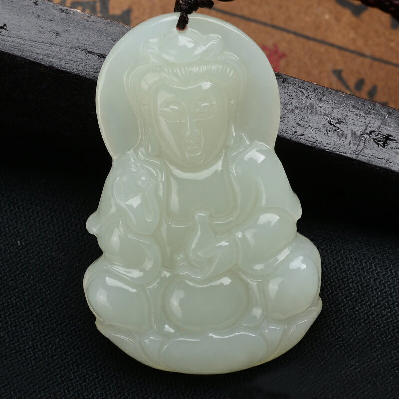 正品和田玉觀音吊墜男款 天然玉石白玉觀音掛件玉佩男士玉牌玉器1入