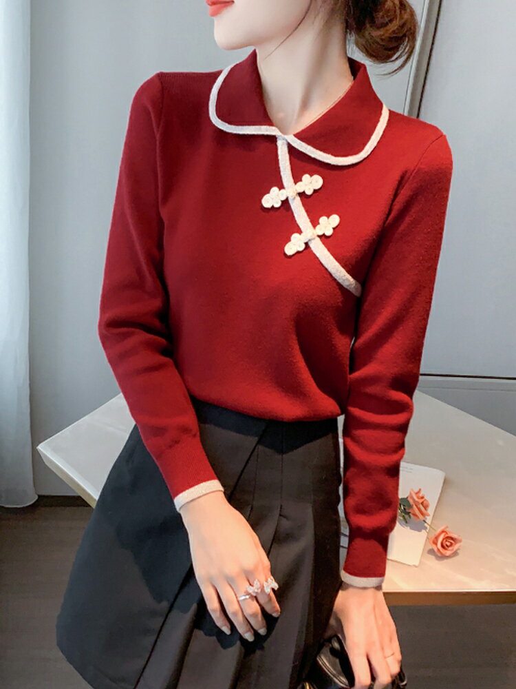 秋冬紅色毛衣加厚顯瘦針織打底衫2021新款復古民國風女式旗袍上衣