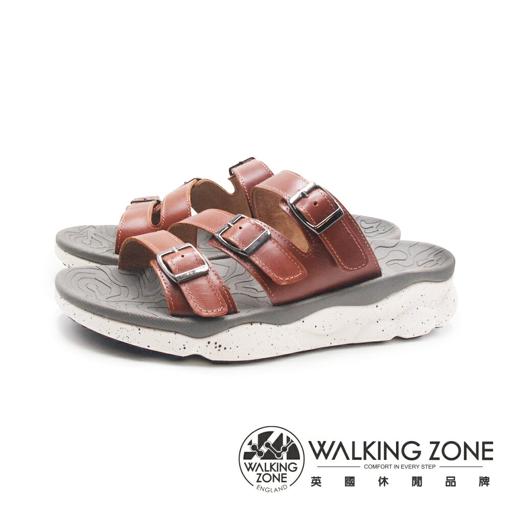 WALKING ZONE(男)三帶皮釦增高厚底拖鞋 男鞋-暖咖色