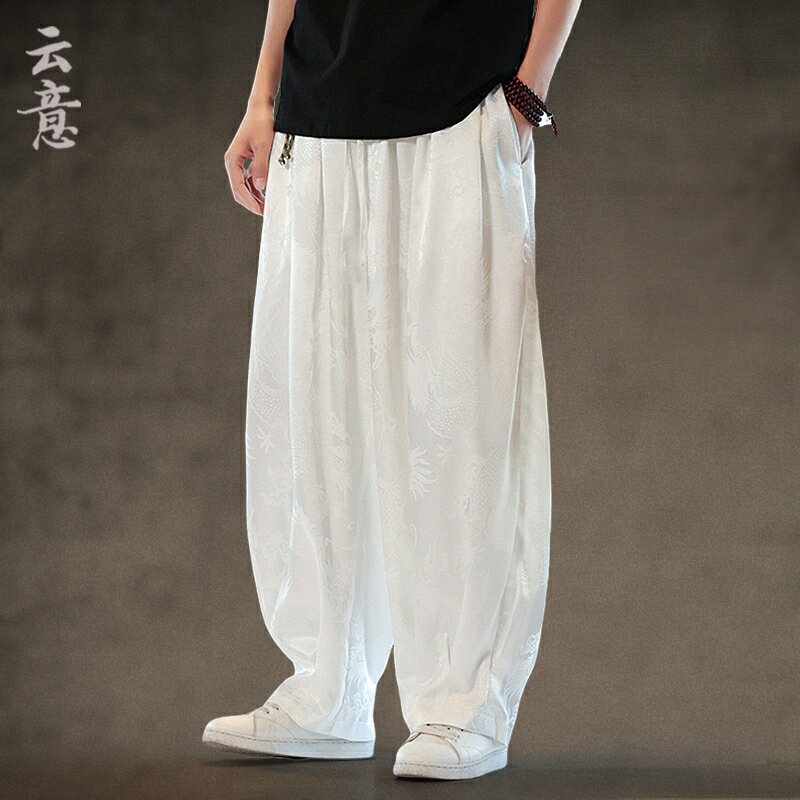 男士大尺碼民俗風寬褲闊腿褲 夏季新中式緞面闊腿褲男中國風寬松大尺碼休閑褲復古禪意加肥哈倫褲