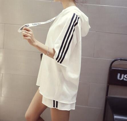 FINDSENSE MD 韓國時尚 女 寬鬆 三杠條紋 連帽 短袖T恤 學生T 運動套裝 短T+短褲