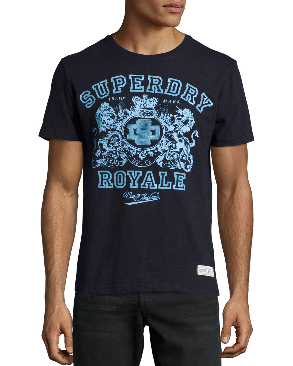 美國百分百【Superdry】極度乾燥 T恤 上衣 T-shirt 短袖 短T 圓領 深藍 皇家 徽章 S號 F339