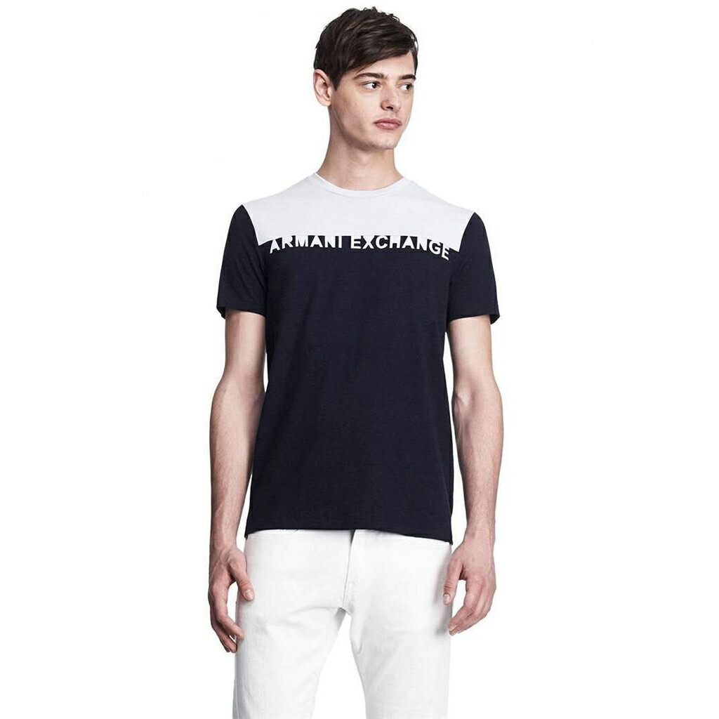 美國百分百【Armani Exchange】T恤 AX 短袖 T-shirt 圓領 拼色 logo 深藍 M號 F344