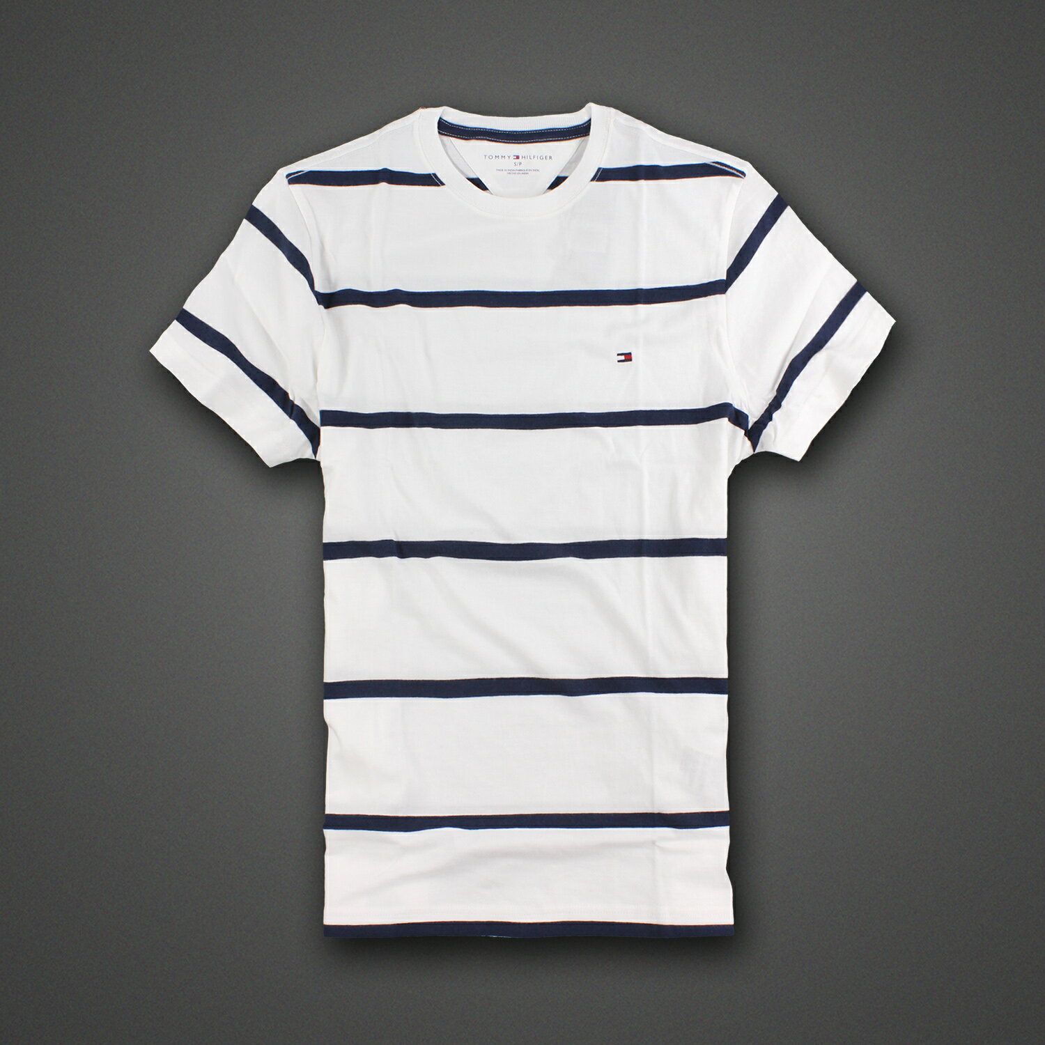 美國百分百【Tommy Hilfiger】T恤 TH 男 圓領 T-shirt 短袖 條紋 白 深藍 S號 E675
