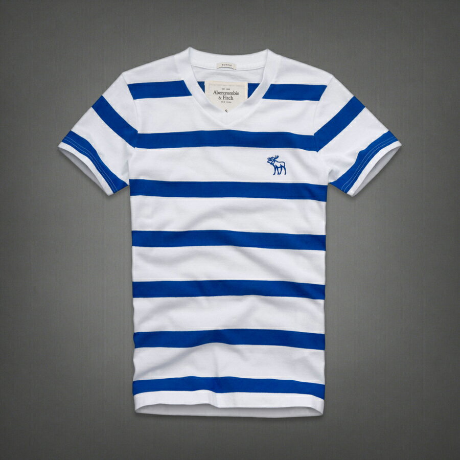 美國百分百【Abercrombie & Fitch】T恤 AF 短袖 T-shirt 麋鹿 藍 白 V領 條紋 S號 E723