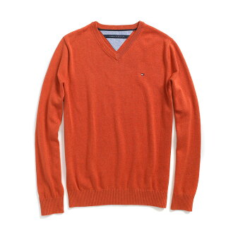 美國百分百【全新真品】Tommy Hilfiger 針織衫 TH 線衫 V領 素面 純棉 毛衣 焦糖 橘 S號 B606