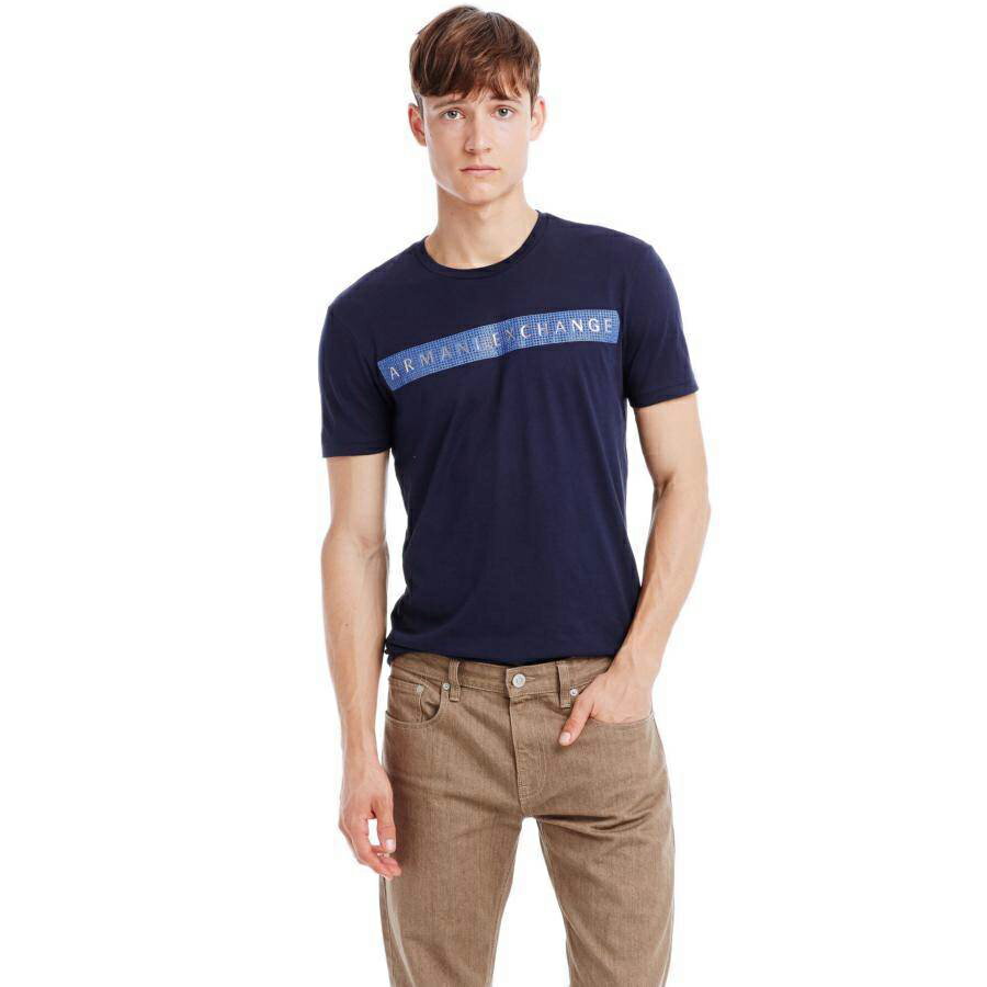 美國百分百【Armani Exchange】T恤 AX 短袖 logo 水鑽 T-shirt 深藍 L號 E810