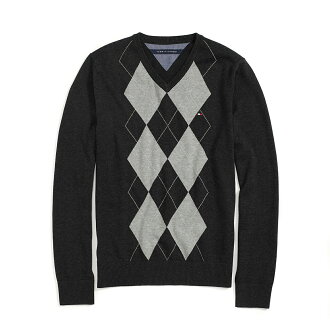 美國百分百【Tommy Hilfiger】針織衫 TH 線衫 毛衣 菱格 格紋 V領 學院風 鐵灰 XS號 F607