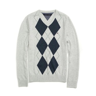 美國百分百【Tommy Hilfiger】針織衫 TH 線衫 毛衣 菱格 格紋 V領 學院風 淺灰 XS S號 F607