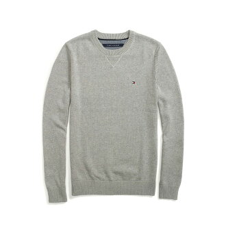 美國百分百【Tommy Hilfiger】針織衫 TH 線衫 毛衣 素面 圓領 休閒 厚版 灰色 M號 F609