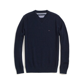 美國百分百【Tommy Hilfiger】針織衫 TH 線衫 毛衣 素面 圓領 休閒 厚版 深藍色 S M號 F609