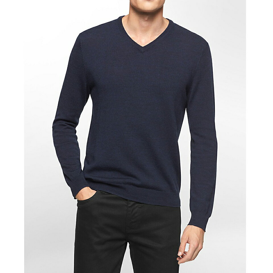 美國百分百【全新真品】Calvin Klein 針織衫 CK 長袖 美麗諾 上衣 深藍 素面 V領 S號 F696