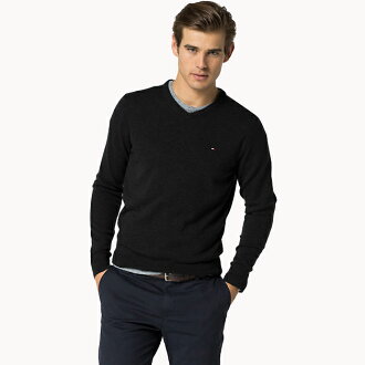 美國百分百【全新真品】Tommy Hilfiger 針織衫 TH 線衫 V領 素面 純棉 毛衣 黑色 M號 F698