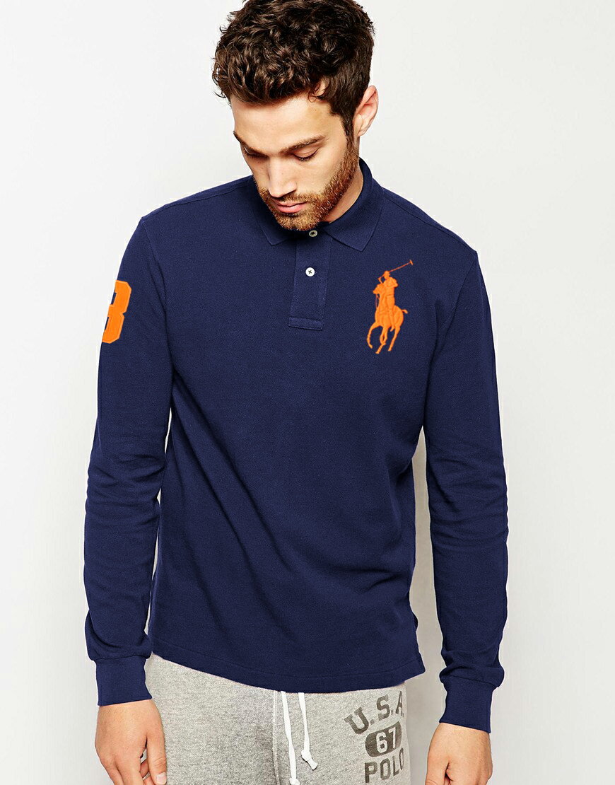 美國百分百【全新真品】Ralph Lauren 大馬 Polo衫 RL 長袖 上衣 深藍色 橘馬 XS S號 A154