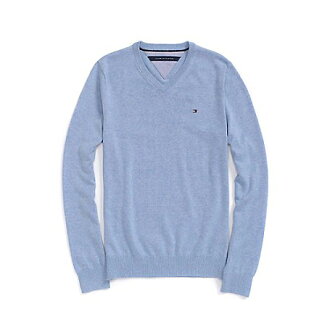 美國百分百【全新真品】Tommy Hilfiger V領 素面 TH 純棉毛衣 針織衫 淺藍 上衣 男 亮藍灰 S號 B606
