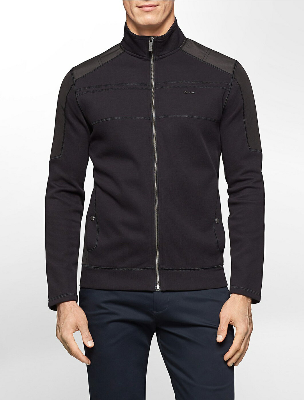美國百分百【Calvin Klein】外套 CK 夾克 立領 騎士 尼龍 針織 拼接 修身 黑色 L號 F986