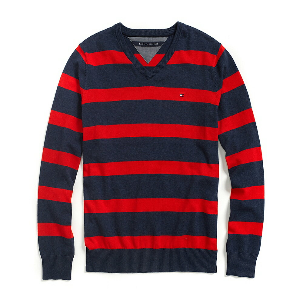 美國百分百【Tommy Hilfiger】針織衫 TH 線衫 毛衣 條紋 V領 休閒 深藍 紅色 S M號 G027