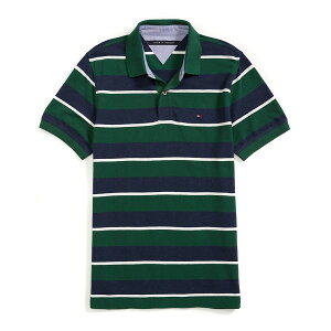 美國百分百【Tommy Hilfiger】Polo衫 TH 短袖 上衣 條紋 網眼 深藍 深綠 白色 XXS號 G047