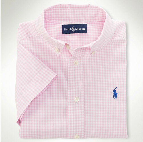 美國百分百【全新真品】Ralph Lauren RL 男生 粉紅色 格紋 上衣 短袖 襯衫 polo S號 C309