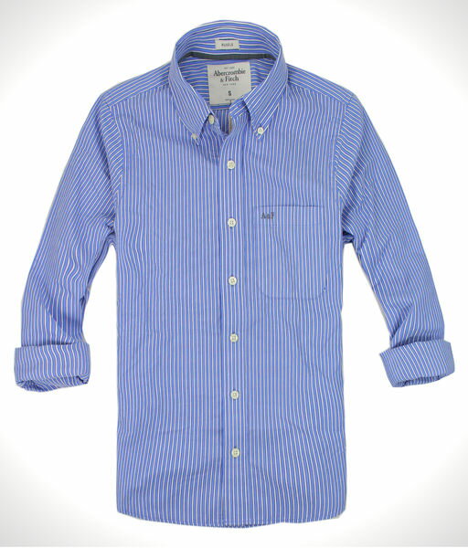 美國百分百【全新真品】Abercrombie&Fitch A&F麋鹿 藍白線 直線條紋 長袖襯衫 型男 休閒 免運 S號