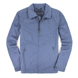 美國百分百【全新真品】Tommy Hilfiger 外套 TH 夾克 立領 海藍 帆布 硬挺 純棉 仿木扣 男衣 XS號