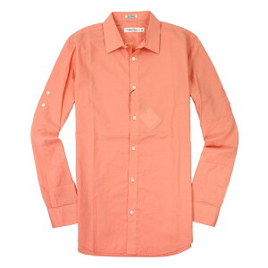 美國百分百【全新真品】Calvin Klein 襯衫 CK 長袖 上衣 休閒衫 橘色 薄 純棉 素面 男 S號 A879
