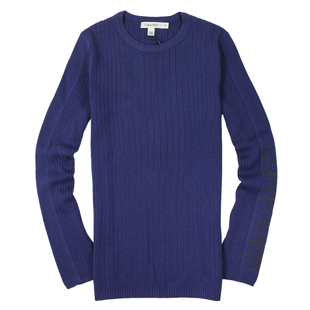 美國百分百【全新真品】Calvin Klein 針織衫 CK 線衫 上衣 寶藍 薄 圓領 Logo 棉質 男 XS S M號 A677