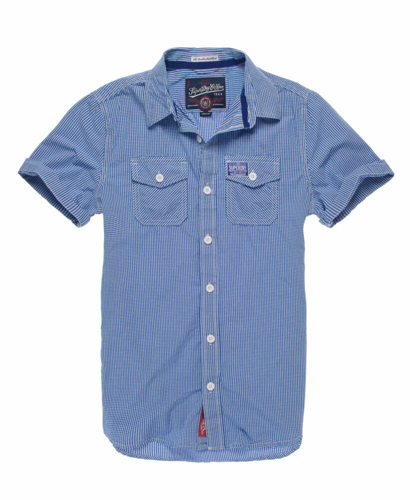 美國百分百【全新真品】Superdry 襯衫 短袖 上衣 格紋 深藍 雙口袋 極度乾燥 純棉 男 XXXL號 C369