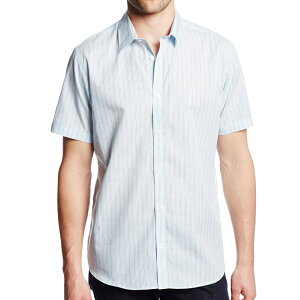 美國百分百【全新真品】Calvin Klein 襯衫 CK 男衣 短袖 水藍色 條紋 休閒 襯衫 上衣 S號 E198