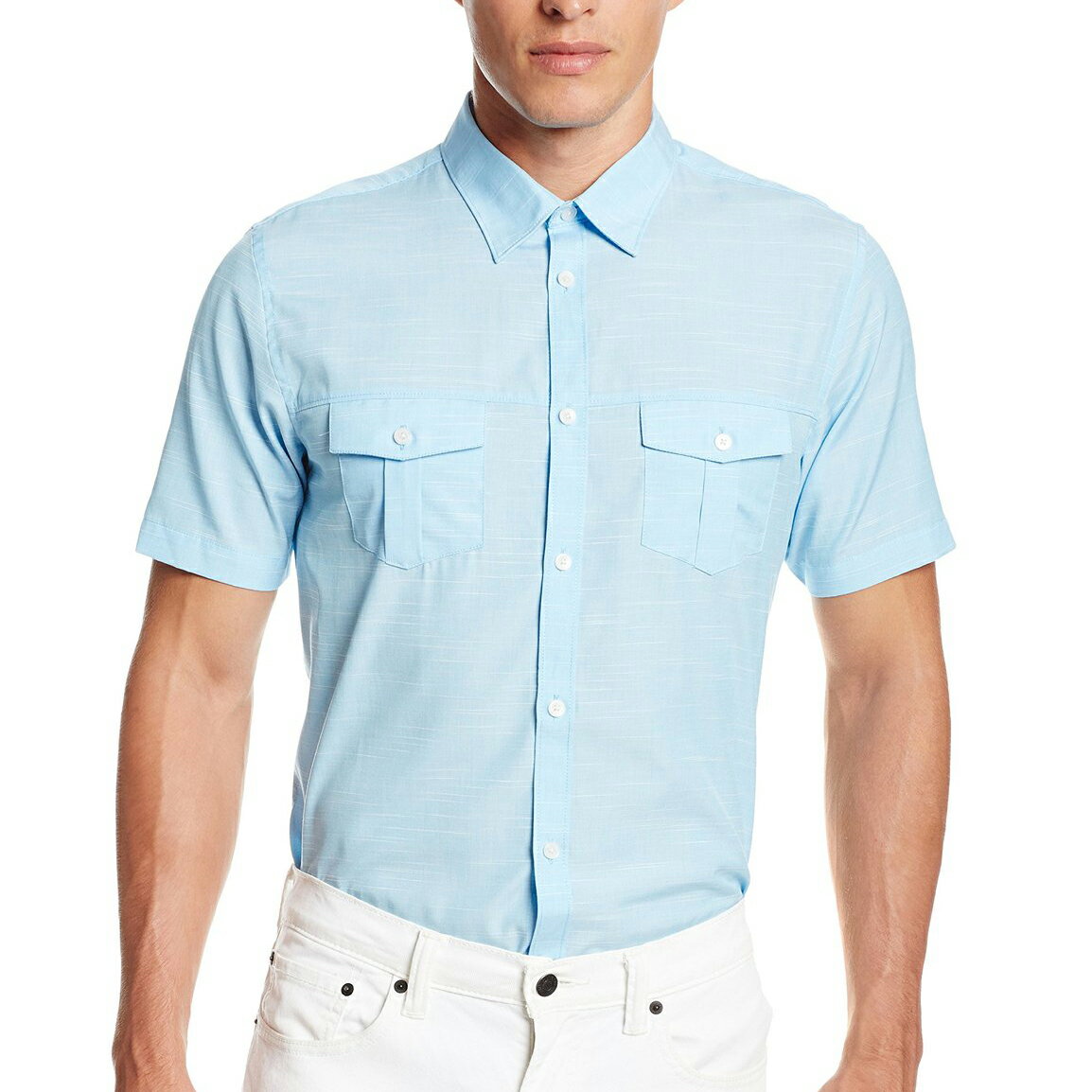美國百分百【全新真品】Calvin Klein 襯衫 CK 男衣 短袖 口袋 素面 休閒 上班 S號 水藍色 E205