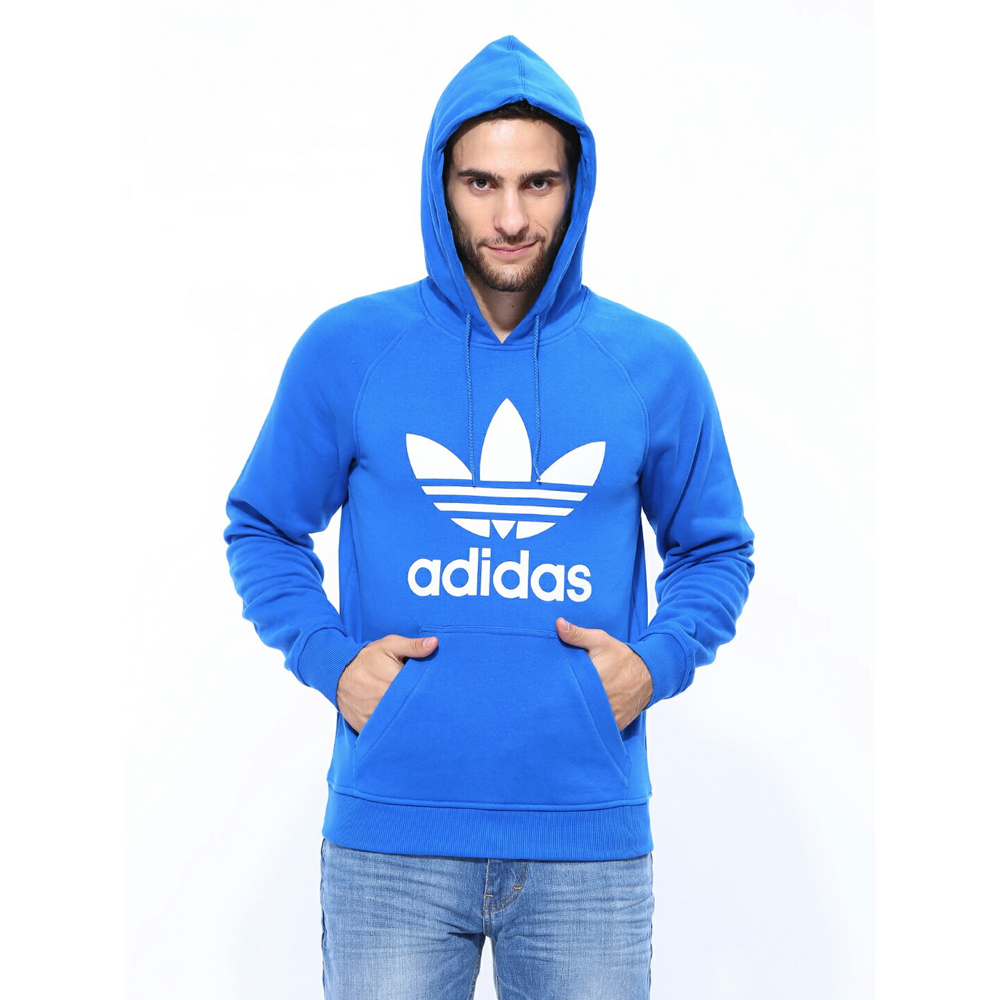 美國百分百【全新真品】Adidas 愛迪達 男 長袖 三葉草 連帽 T恤 T-shirt 上衣 藍 S M號 E420