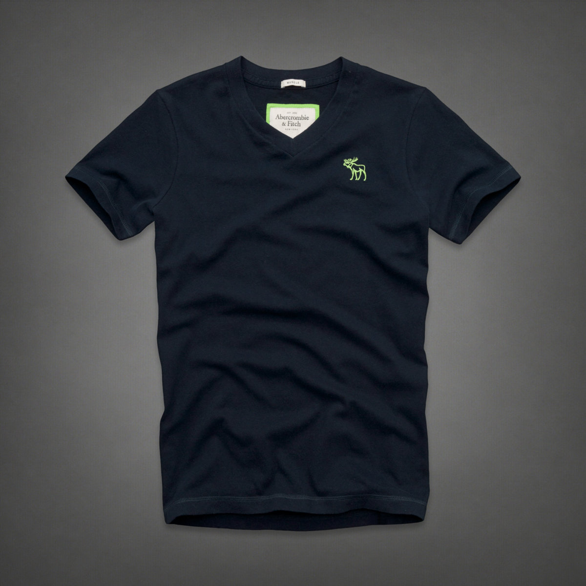 美國百分百【全新真品】Abercrombie & Fitch T恤 AF 短袖 上衣 T-shirt 麋鹿 深藍 V領 Logo 純棉 男 S號