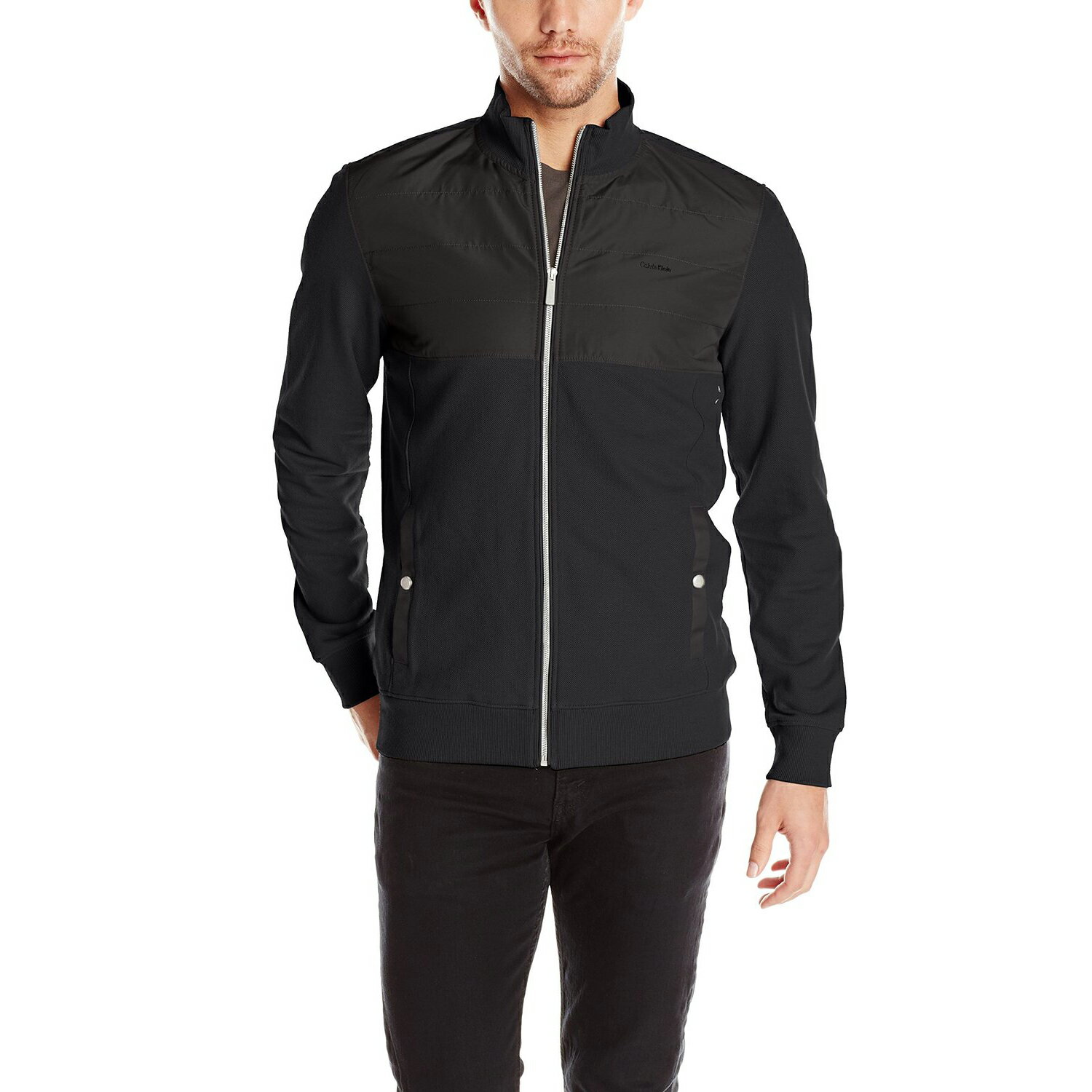 美國百分百【全新真品】Calvin Klein 外套 CK 夾克 立領 騎士 合身 黑色 男款 M號 E496