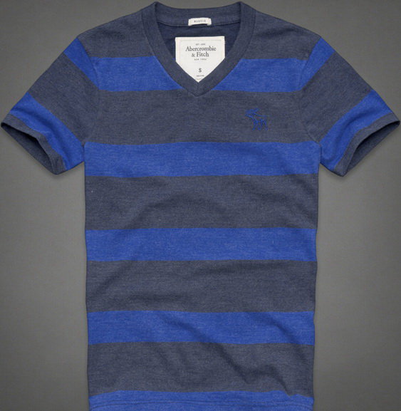 美國百分百【Abercrombie & Fitch】T恤 AF 短袖 T-shirt 麋鹿 S 條紋 V領 藍 E746