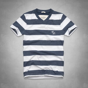 美國百分百【Abercrombie & Fitch】T恤 AF 短袖 T-shirt 麋鹿 條紋 V領 藍 白 E747